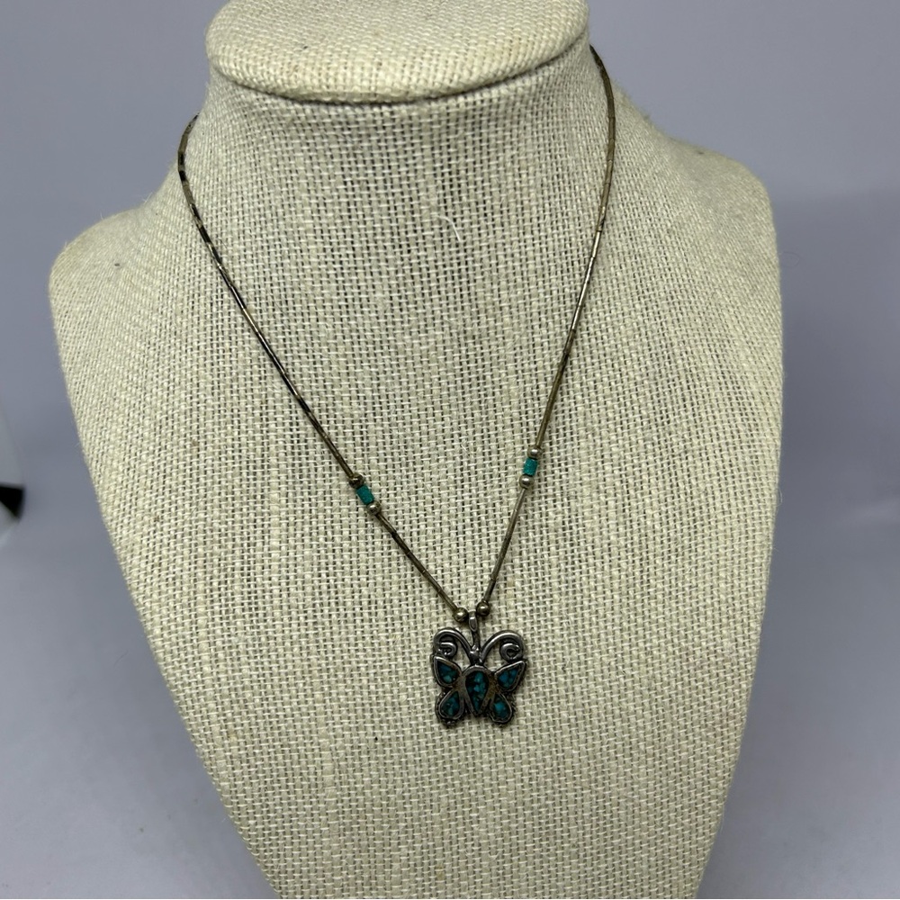 Blue Butterfly Mosaic‎ Pendant Silvertone Beaded Necklace
